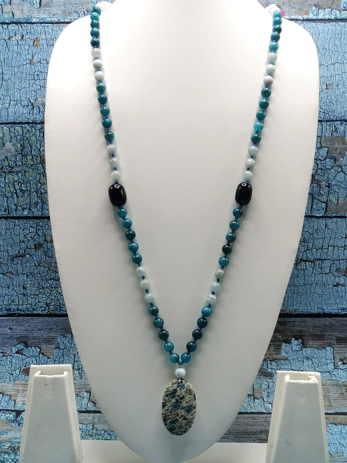 108 bead gemstone necklace with druzy pendant - Shwasam