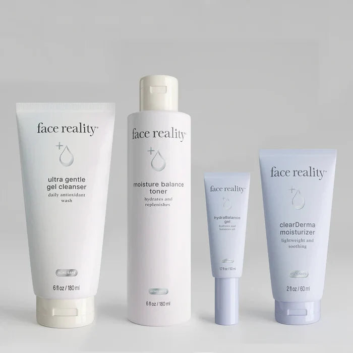 Face Reality Acne-Safe Kit for normal Skin featuring Ultra Gentle Cleanser, Calming Facial Toner, HydraBalance Gel, and Clearderma Moisturizer to gently cleanse, balance oil, hydrate, and support acne-prone skin at The Skyn Distillery Wayzata Minnesota.