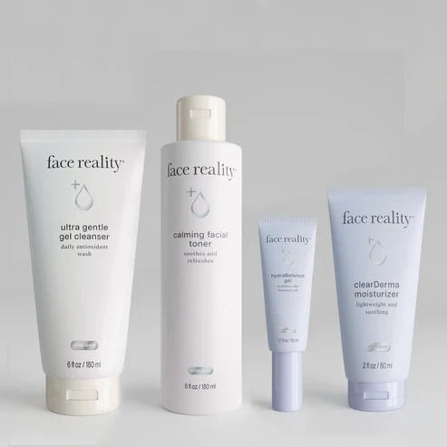 Face Reality Acne-Safe Kit for Oily Skin featuring Ultra Gentle Cleanser, Calming Facial Toner, HydraBalance Gel, and Clearderma Moisturizer to gently cleanse, balance oil, hydrate, and support acne-prone skin at The Skyn Distillery Wayzata Minnesota.