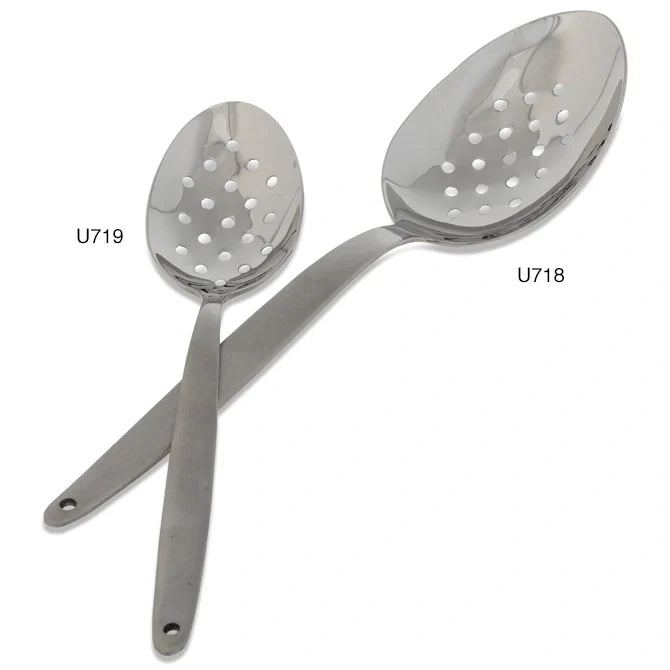 Silver Gray Kunz Perforated Spoons small vs regular sizes on white background.