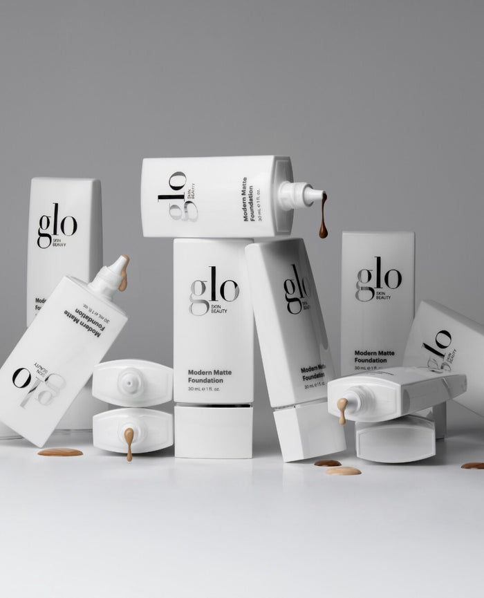 Glo Skin Beauty Modern Matte Foundation shade range with undertone matching for fair to deep skin tones offering medium to full coverage and acne-safe ingredients like salicylic acid, niacinamide, and kaolin clay at The Skyn Distillery Wayzata Minnesota