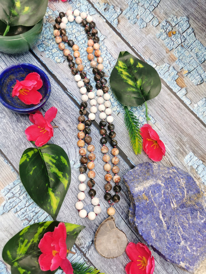 Multiple gemstone beads necklace with ammonite pendant - Shwasam