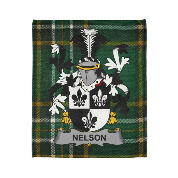 Nelson Family Crest on Green Plaid Blanket