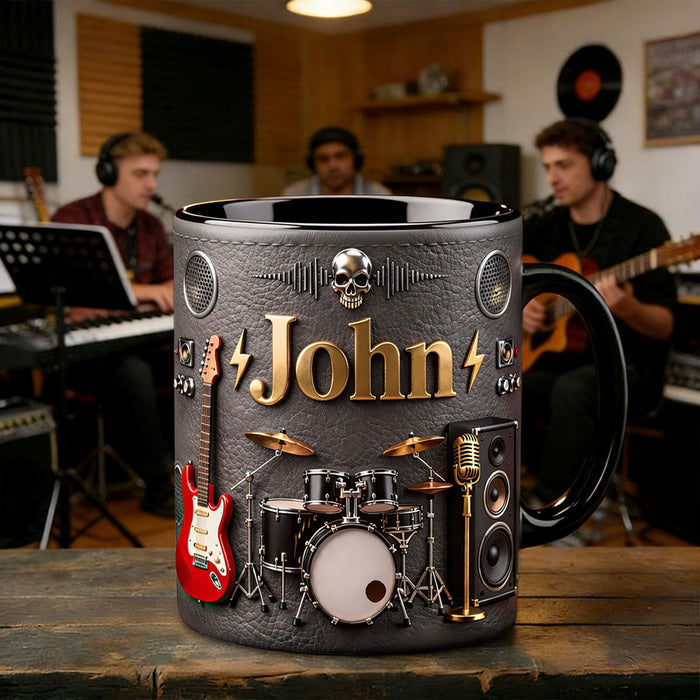 Personalized Rock Music Mug with Name, Guitar Drum Coffee Cup