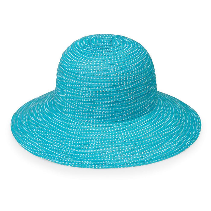 Ladies' Packable Wide Brim Petite Scrunchie UPF Summer Sun Hat from Wallaroo, Turquoise/White