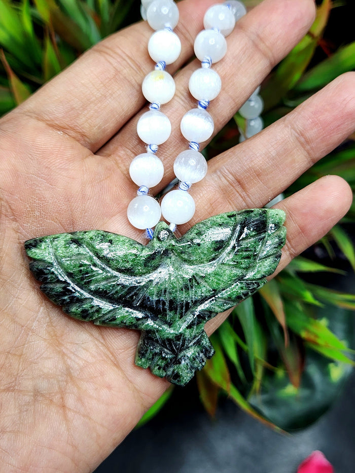 Selenite Bead Mala Necklace with Zoisite Phoenix Pendant - Embrace Renewal and Transformation - Shwasam