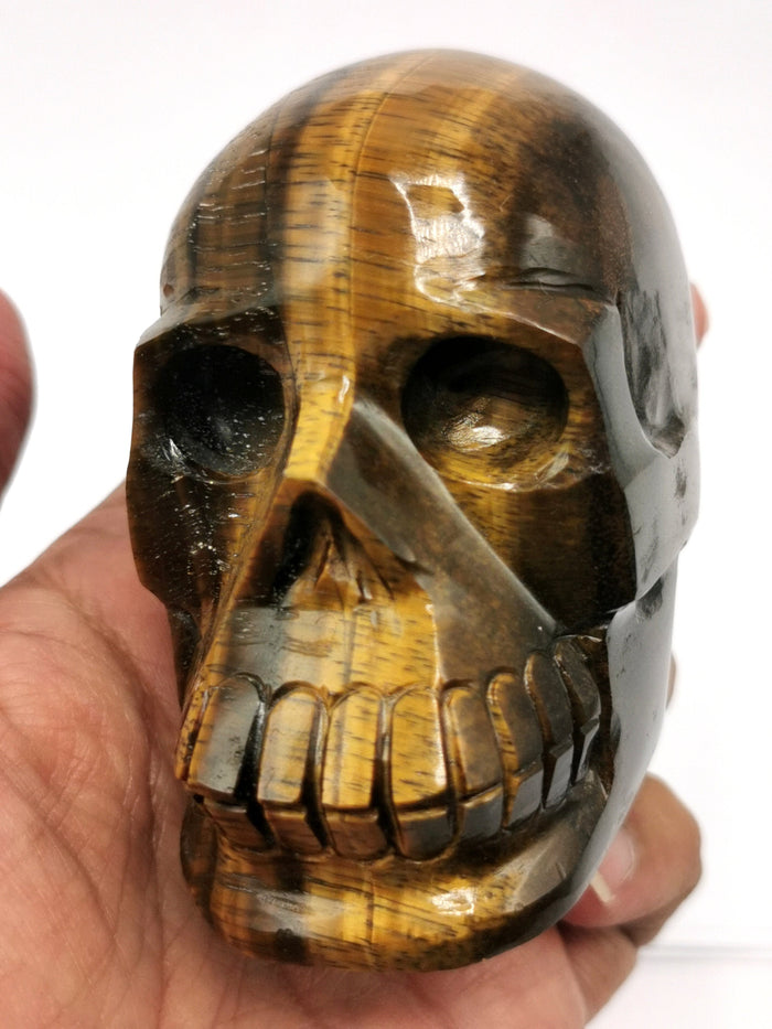 Skull in natural tiger eye stone - reiki/chakra/healing - crystal crafts - weight 434 gm (0.95 lb) and 3 inches - Shwasam
