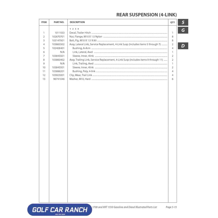 SVC LATERAL LINK 4-LINK 103860302 CLUB CAR CA/XRT REPAIR PART