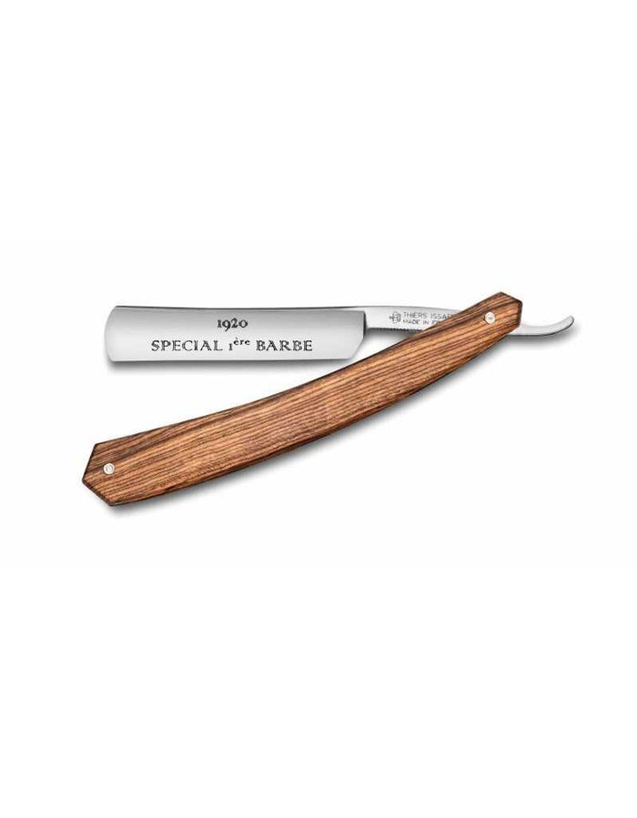 Thiers Issard 1920 Special Premiere Barbe straight razor with round point, 4/8 inch carbon steel blade, in a wooden handle, grooming and shaving tool