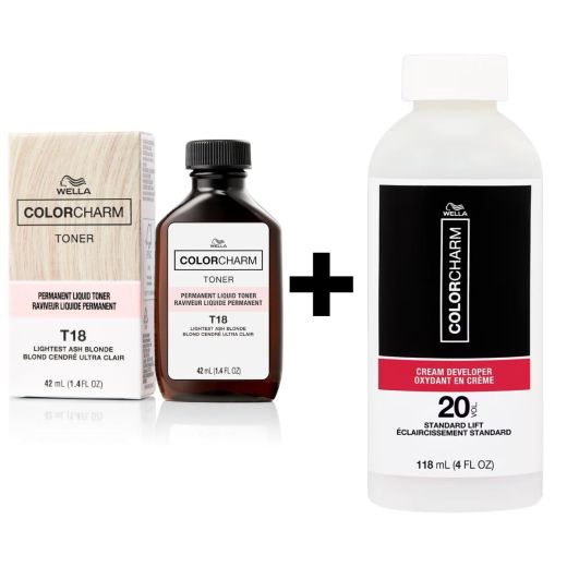 Wella Colorcharm Permanent Liquid Toner T18 Lightest Ash Blonde 42ml + 20 Volume Developer 118ml Duo