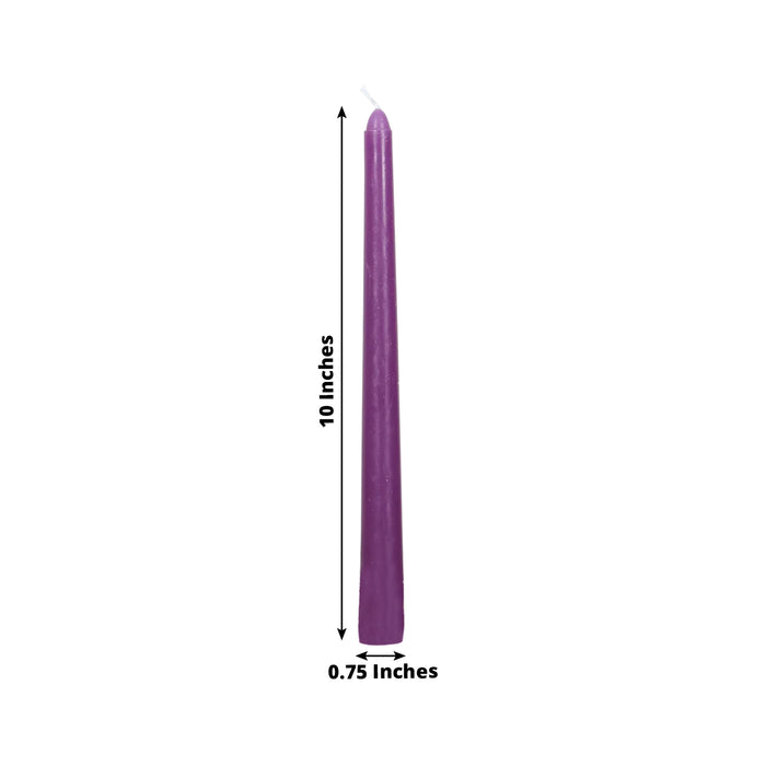 Purple taper candle, 10 inches tall and 0.75 inches wide.