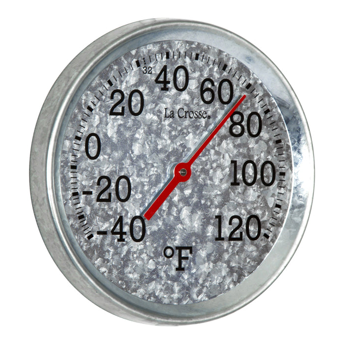 Right-facing image of the 104-2822 8-inch Galvanized Dial Thermometer, galvanized metal dial with black number markings and a red pointer with a temperature scale from -40 to 120 degrees Fahrenheit
