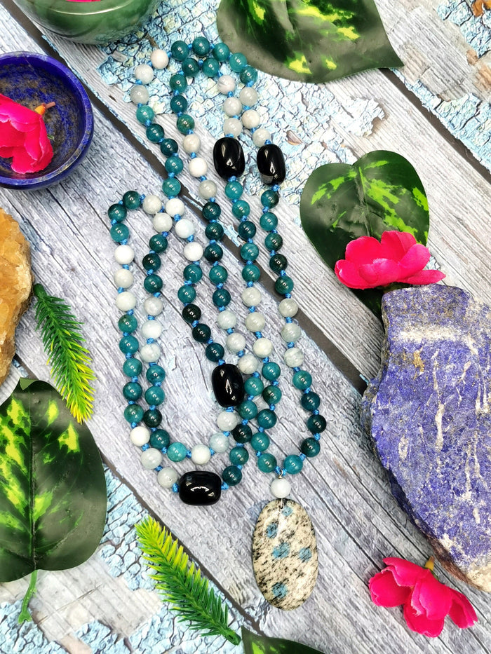 108 bead gemstone necklace with druzy pendant - Shwasam