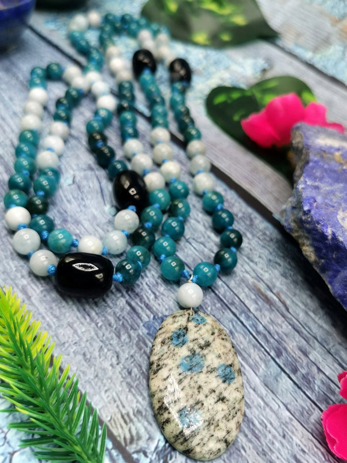 108 bead gemstone necklace with druzy pendant - Shwasam