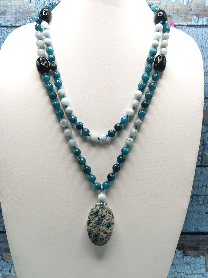 108 bead gemstone necklace with druzy pendant - Shwasam