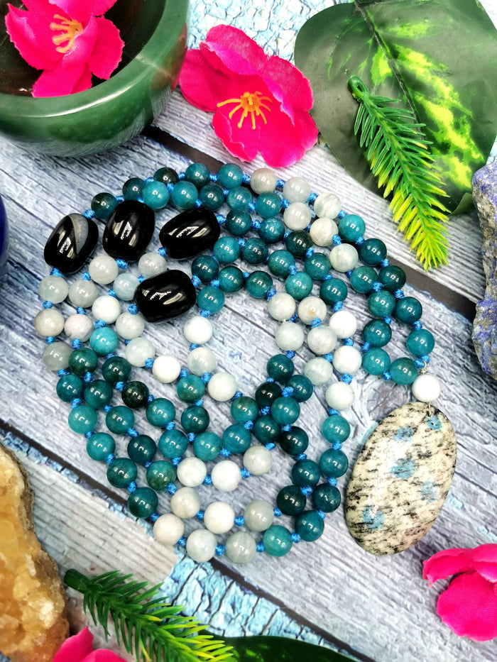 108 bead gemstone necklace with druzy pendant - Shwasam