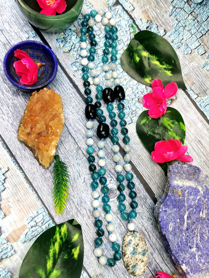 108 bead gemstone necklace with druzy pendant - Shwasam