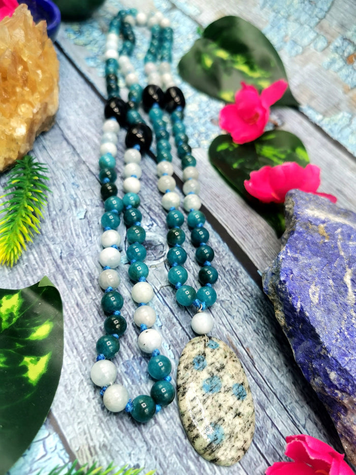 108 bead gemstone necklace with druzy pendant - Shwasam