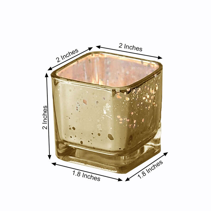 Gold glass candle holder, 2x2 inches, featuring speckled design.