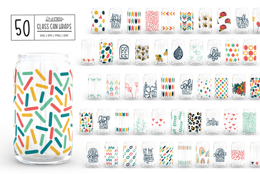 50 Glass Can Wrap SVGs | Printable 16 oz Cup Design Bundle