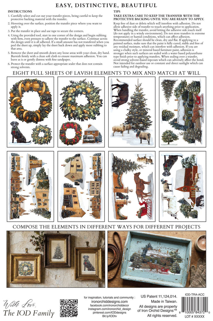 Back cover of a craft pattern booklet titled 'Easy, Distinctive, Beautiful' by The IOD Family, showing multiple holiday-themed design previews including wreaths, Christmas trees, rustic signs, and framed art, with instructions and a barcode at the bottom.