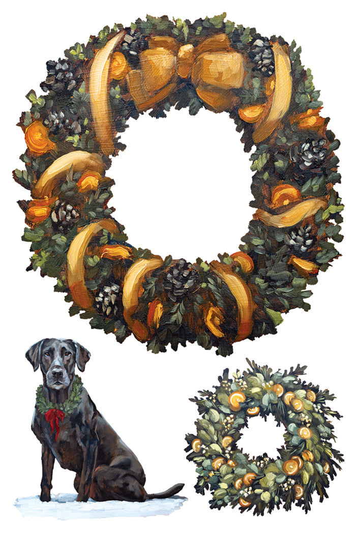 A watercolor-style holiday wreath design shown on a white background, with a large wreath at the top, a small dog wearing a green garland at bottom left, and a smaller wreath at bottom right.
