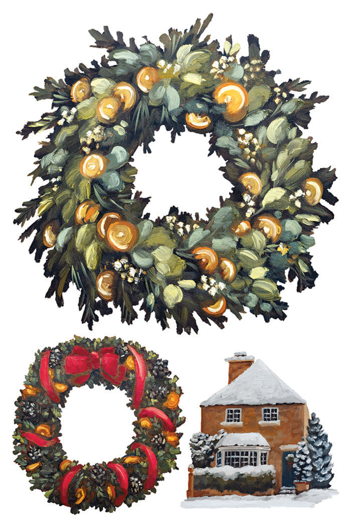 A watercolor-style holiday illustration showing two Christmas wreaths and a small snow-covered house. The top wreath is dense with green foliage and orange-gold ornaments, and the bottom wreath has greenery with red ribbons and orange-gold accents.