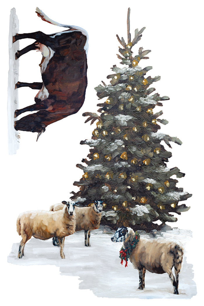 A whimsical winter illustration featuring a snow-covered evergreen tree with warm lights, several sheep in the snow, and a dark horse hanging from a snowy wall on the left, all on a white background.