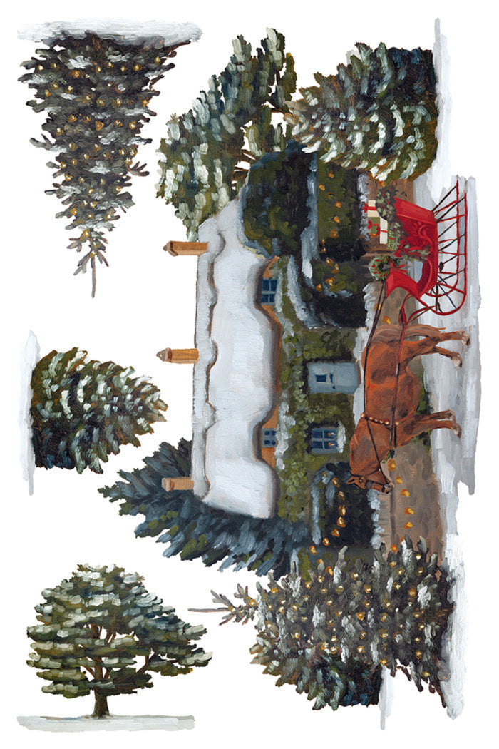 A watercolor-style winter village scene with snow-covered evergreen trees, a small cottage, and a red sleigh drawn by a brown horse on a white background.