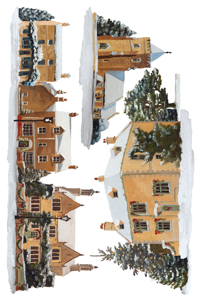 Watercolor-style illustration of a snowy village scene with tan cottages, dark green trees, and white snow on a white background.