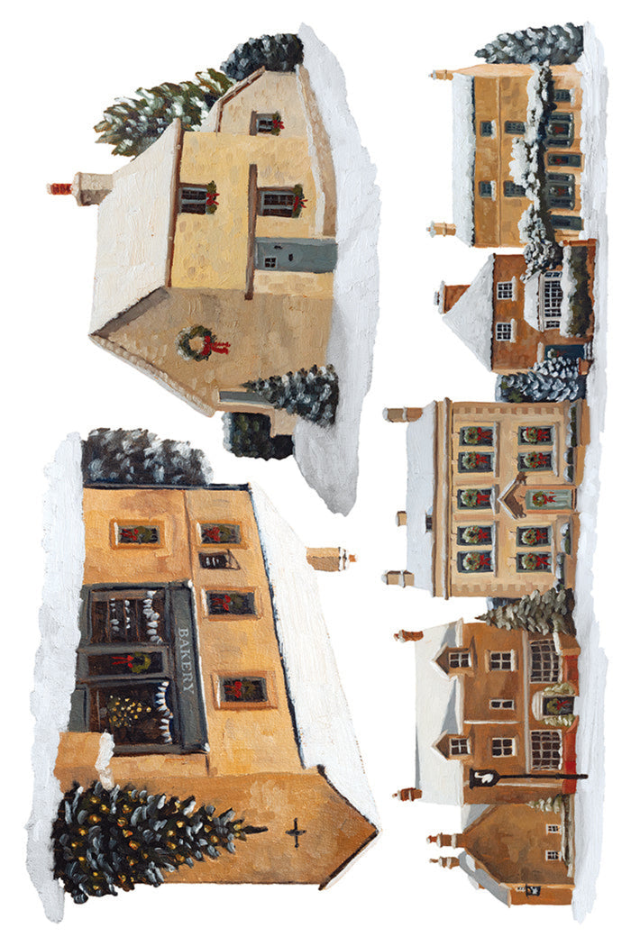 A watercolor-style illustration of several small houses in a snowy village, arranged on a white background. The scene includes warm beige and brown buildings with snow-covered roofs, dark chimneys, windows, and evergreen trees with ornaments.