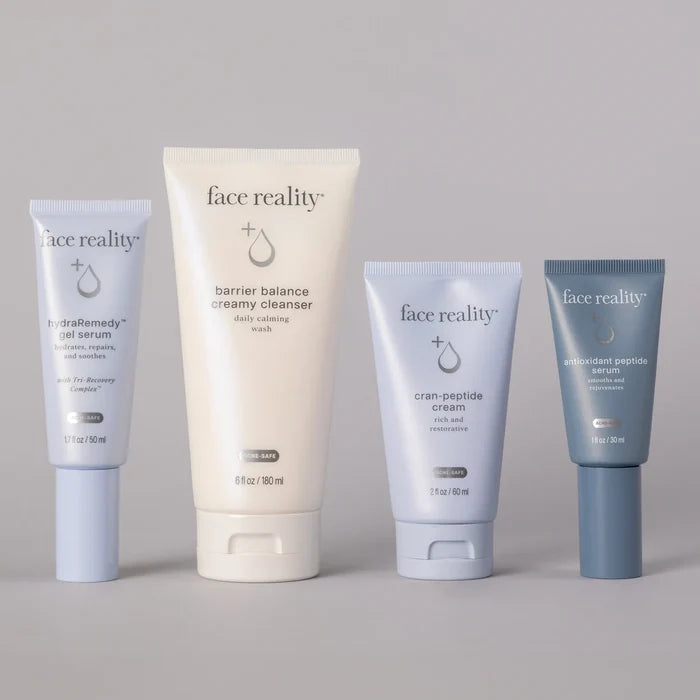 Face Reality Age Defense Kit featuring Barrier Balance Creamy Cleanser, Antioxidant Peptide Serum, HydraRemedy Gel Serum, and Cran-Peptide Cream to hydrate, strengthen the skin barrier, and reduce the appearance of fine lines at The Skyn Distillery Wayzata Minnesota