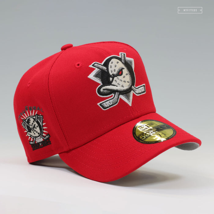 ANAHEIM MIGHTY DUCKS 1993 INAUGURAL SEASON SCARLET JET BLACK NEW ERA FITTED CAP