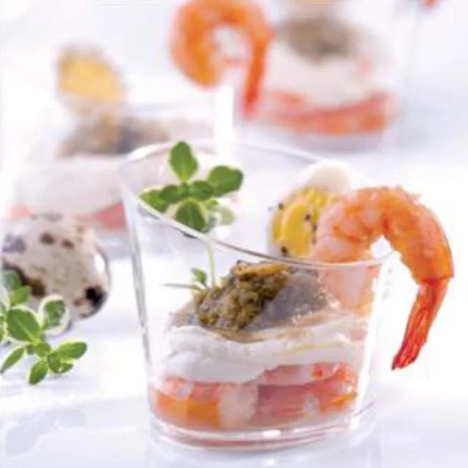 Angled Oval Glass 6.42oz shot in bokeh style, garnished with shrimp confection.
