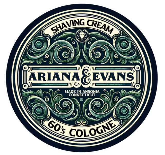 Ariana & Evans 60's Cologne Shaving Cream label with intricate green and cream pattern