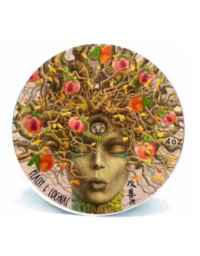 Artistic peach and cognac shaving soap label with a woman's face and tree design