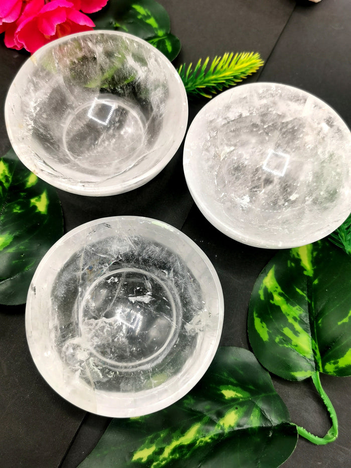Beautiful clear quartz hand carved round bowls - 3 inches diameter and 145 gms (0.32 lb) - ONE BOWL ONLY