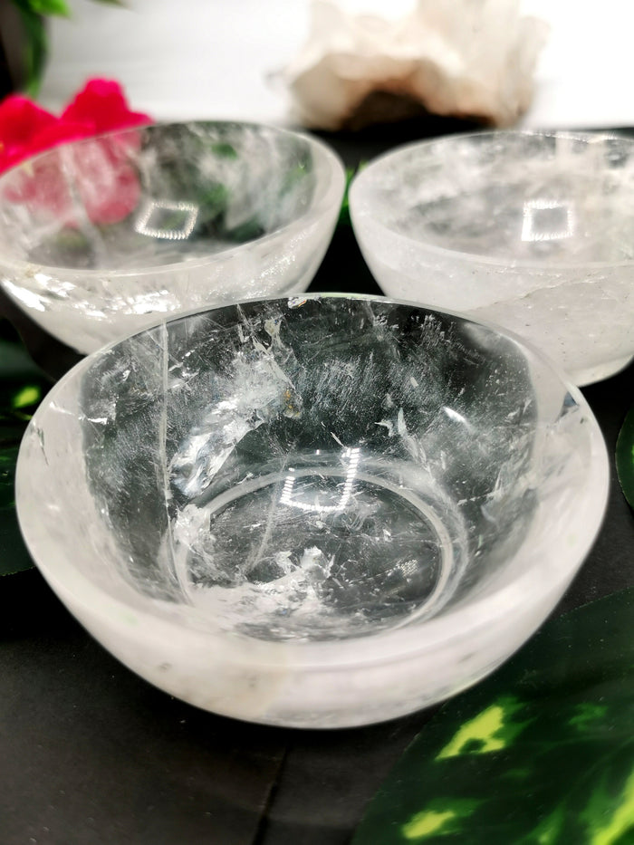 Beautiful clear quartz hand carved round bowls - 3 inches diameter and 145 gms (0.32 lb) - ONE BOWL ONLY