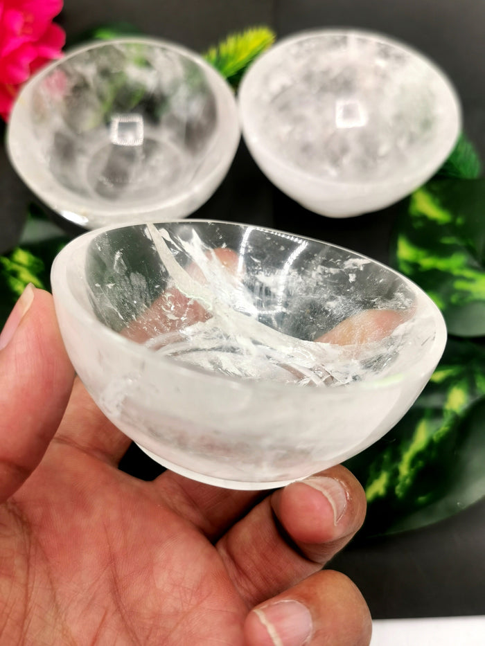 Beautiful clear quartz hand carved round bowls - 3 inches diameter and 145 gms (0.32 lb) - ONE BOWL ONLY