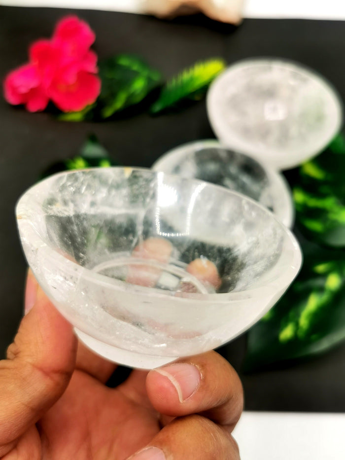 Beautiful clear quartz hand carved round bowls - 3 inches diameter and 145 gms (0.32 lb) - ONE BOWL ONLY