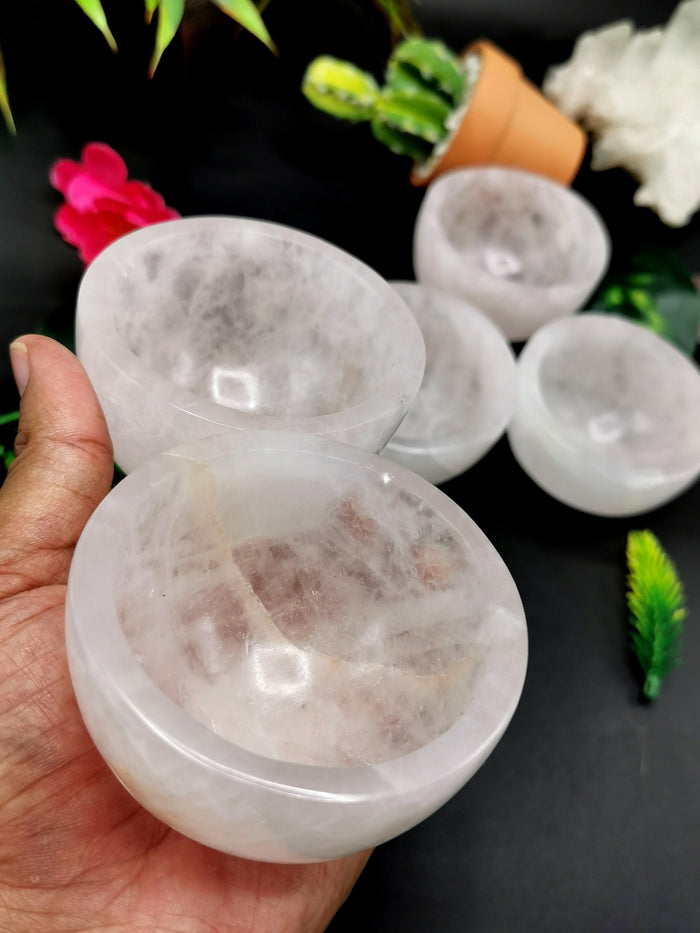 Beautiful Rose Quartz hand carved round bowls - 3 inches diameter and 200 gms (0.44 lb) - ONE BOWL ONLY - Shwasam