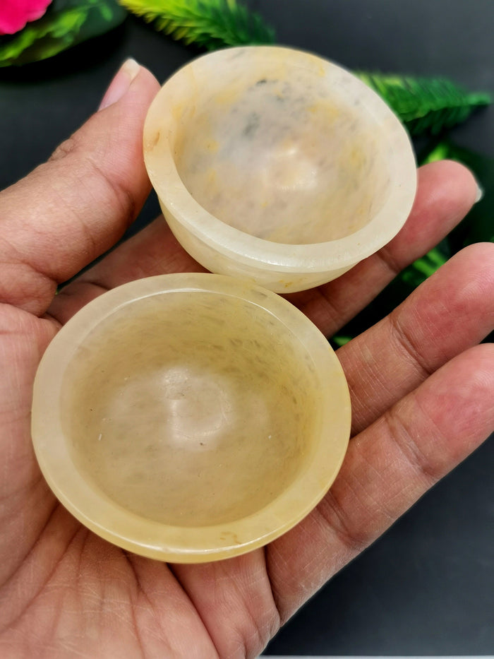 Beautiful Yellow Aventurine set of 2 hand carved round bowls - 2 inches diameter and total weight 80 gms (0.18 lb) - TWO BOWLS - Shwasam