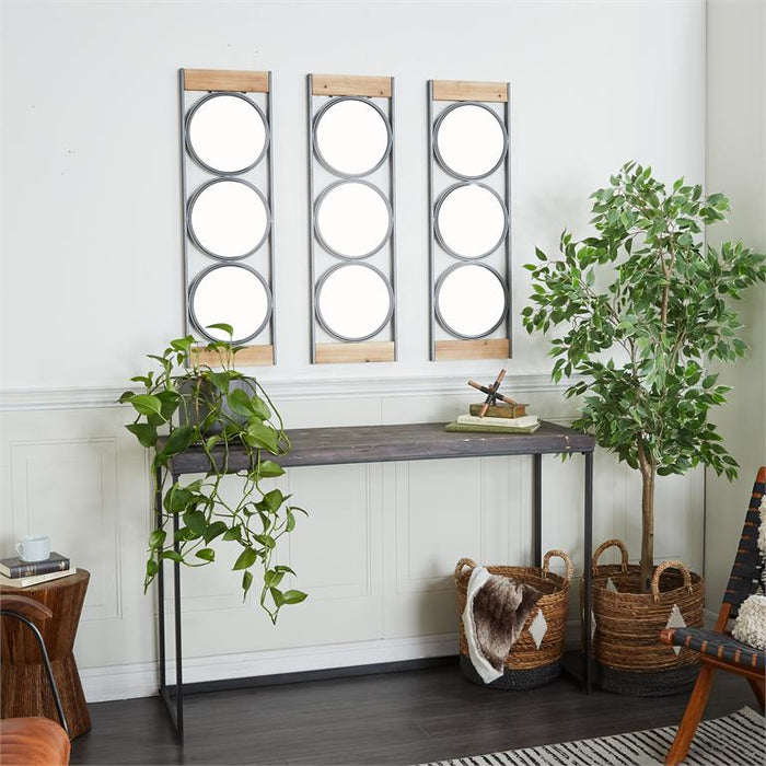 BLACK METAL WALL MIRROR WITH WOOD ACCENTS