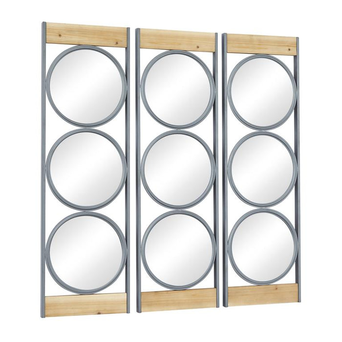 BLACK METAL WALL MIRROR WITH WOOD ACCENTS