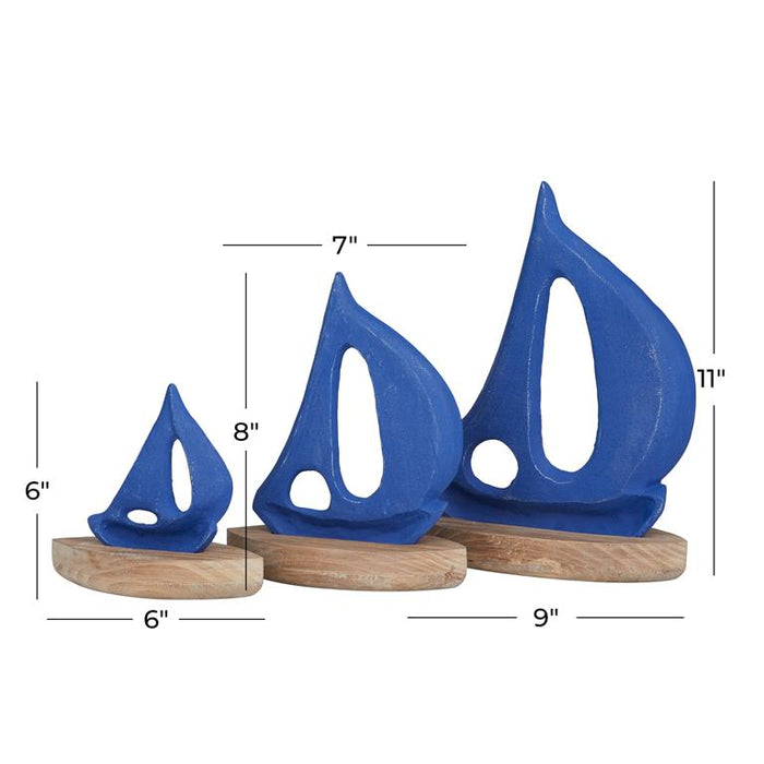 BLUE METAL SAIL BOAT SCULPTURE WITH WOOD BASE