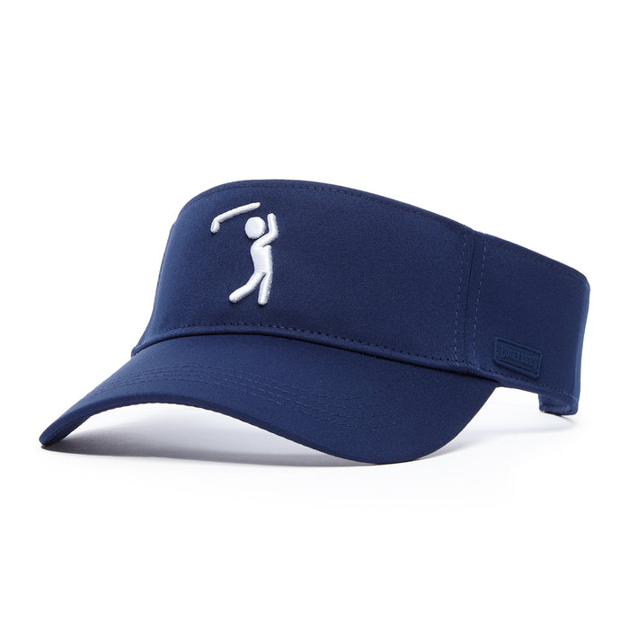 The Bogeyman Navy - Visor features a white embroidered golfer logo on the front, made from performance material with ventilated panels, a curved brim, and an adjustable back strap.