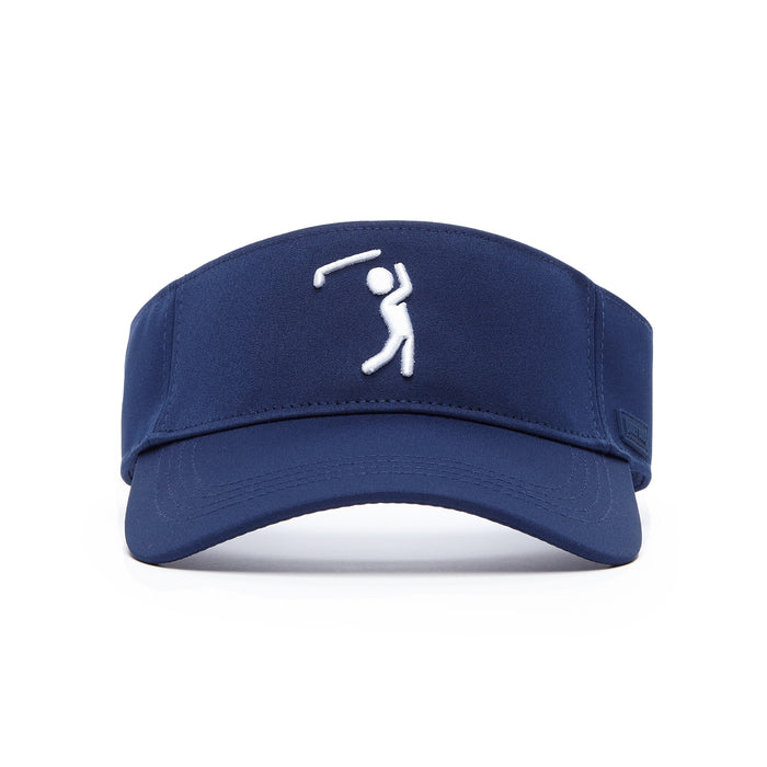 The Bogeyman Navy - Visor is shown from the front, made with performance material and ventilated panels. Its center displays a white embroidered golfer swinging a club, and the brim curves slightly against a plain white background.