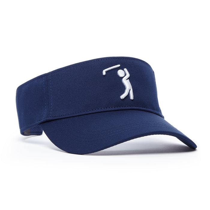 The Bogeyman Navy - Visor features a white embroidered golfer mid-swing on navy blue performance fabric with ventilated panels for comfort. Shown against a white background.
