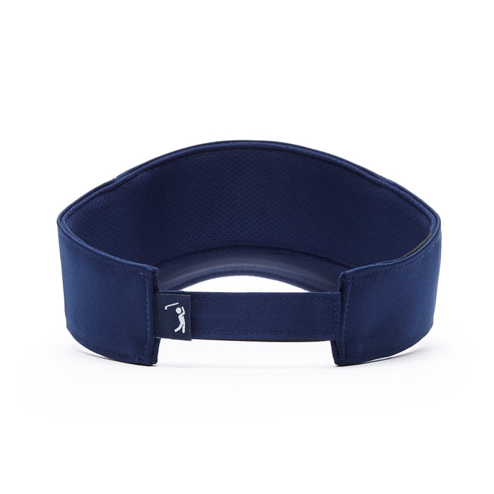 The Bogeyman Navy - Visor is a dark blue sports visor viewed from the back, featuring a wide, soft performance fabric band, an adjustable strap with a small white logo tag, and a breathable mesh lining inside.
