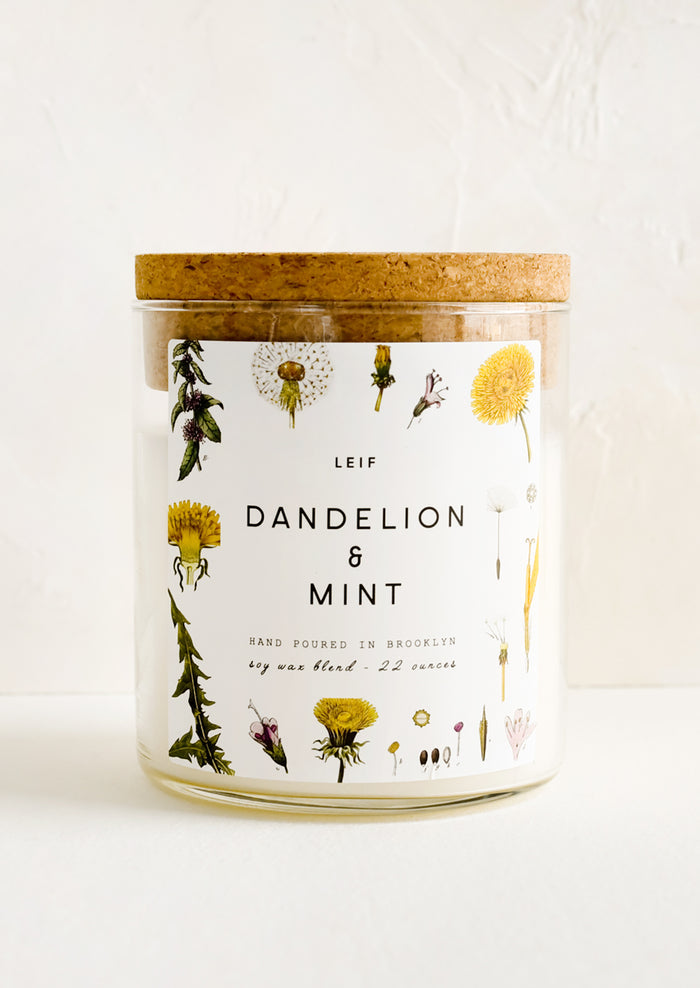 A glass jar candle in Dandelion & Mint scent with botanical print label.